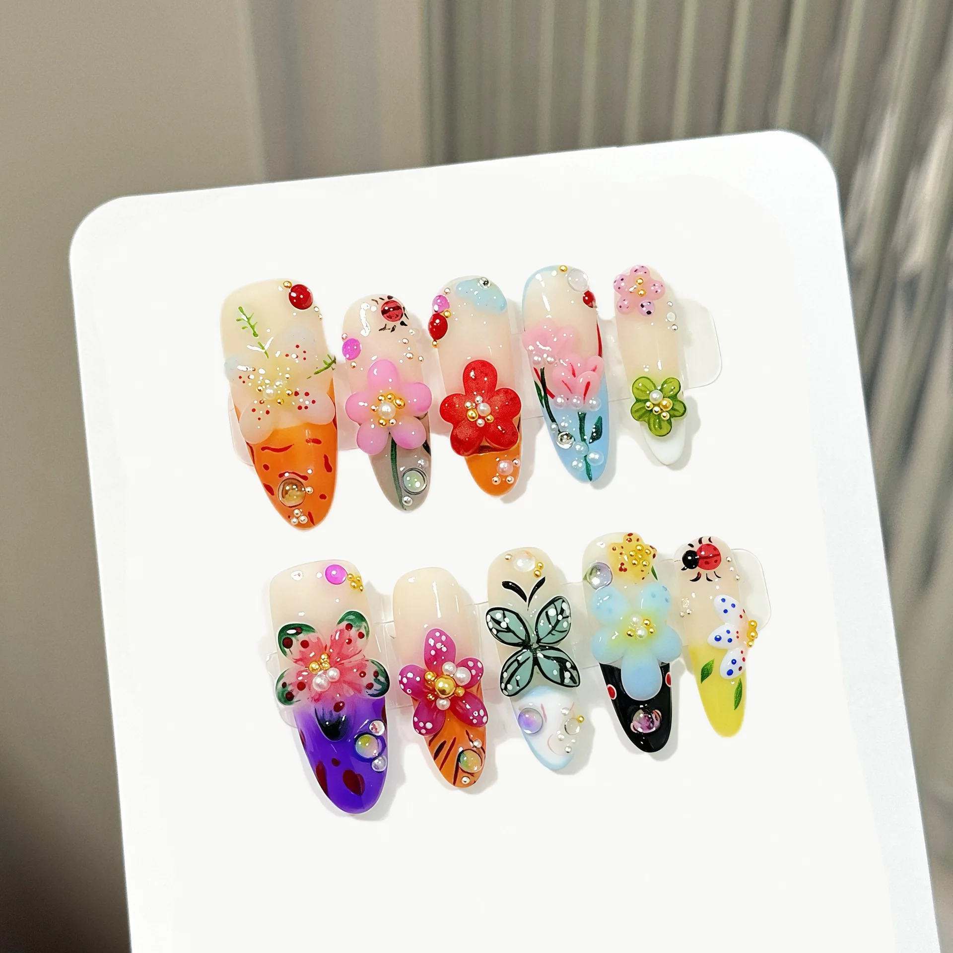 

10pcs Handmade Press On Nails Stereo Colorful Flower Insect Designs French Style False Nails Long Almond Summer Fake Nail Tips