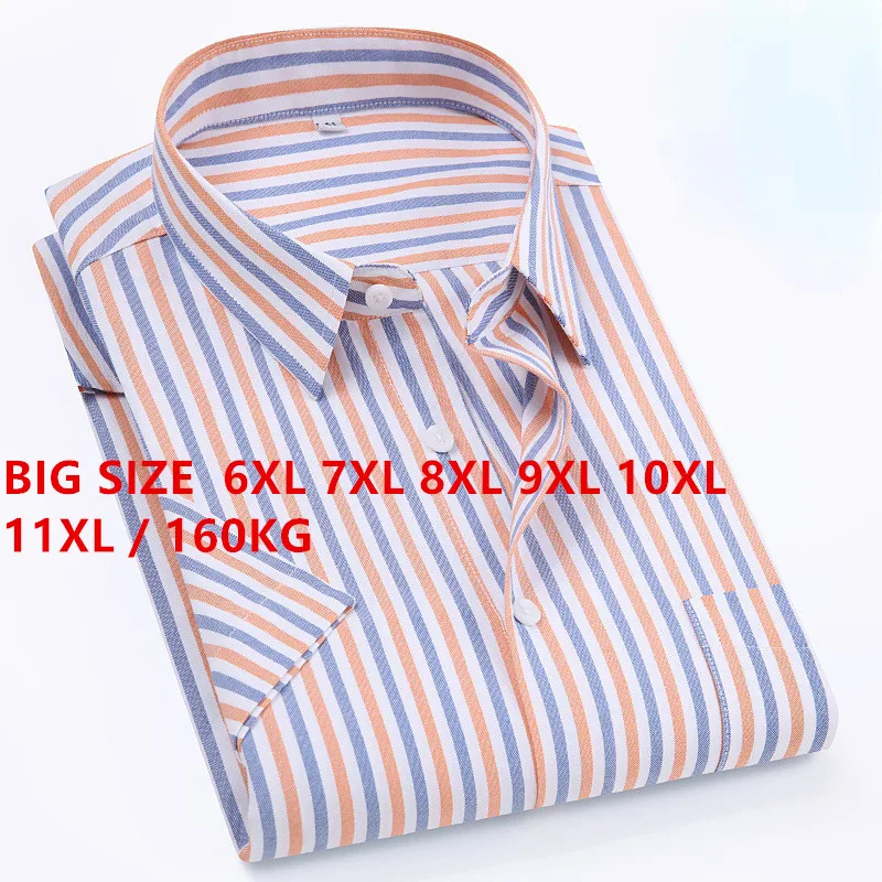 

11XL 100% Cotton Shirt Men Short Sleeve Casual Business Men's Oxford Short Sleeve Shirts Single Pocket Button-down Striped Shirt