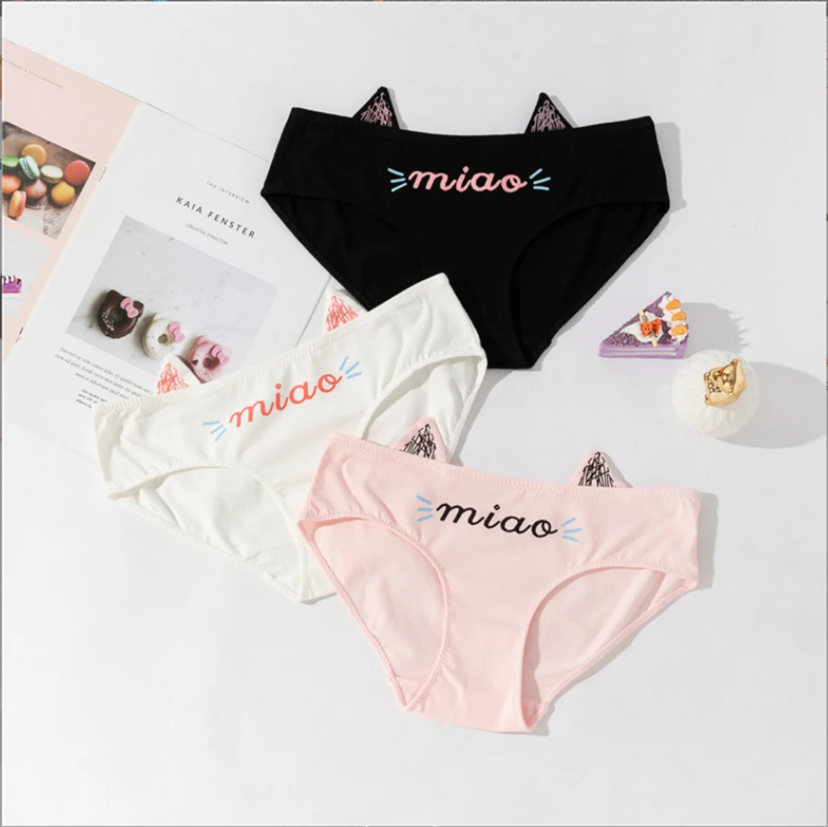 Japanese College Kawaii Girl Panties Solid Color Cute Cat Ear Printing Letters Beard Cotton Comfortable Soft Sweet Women Briefs