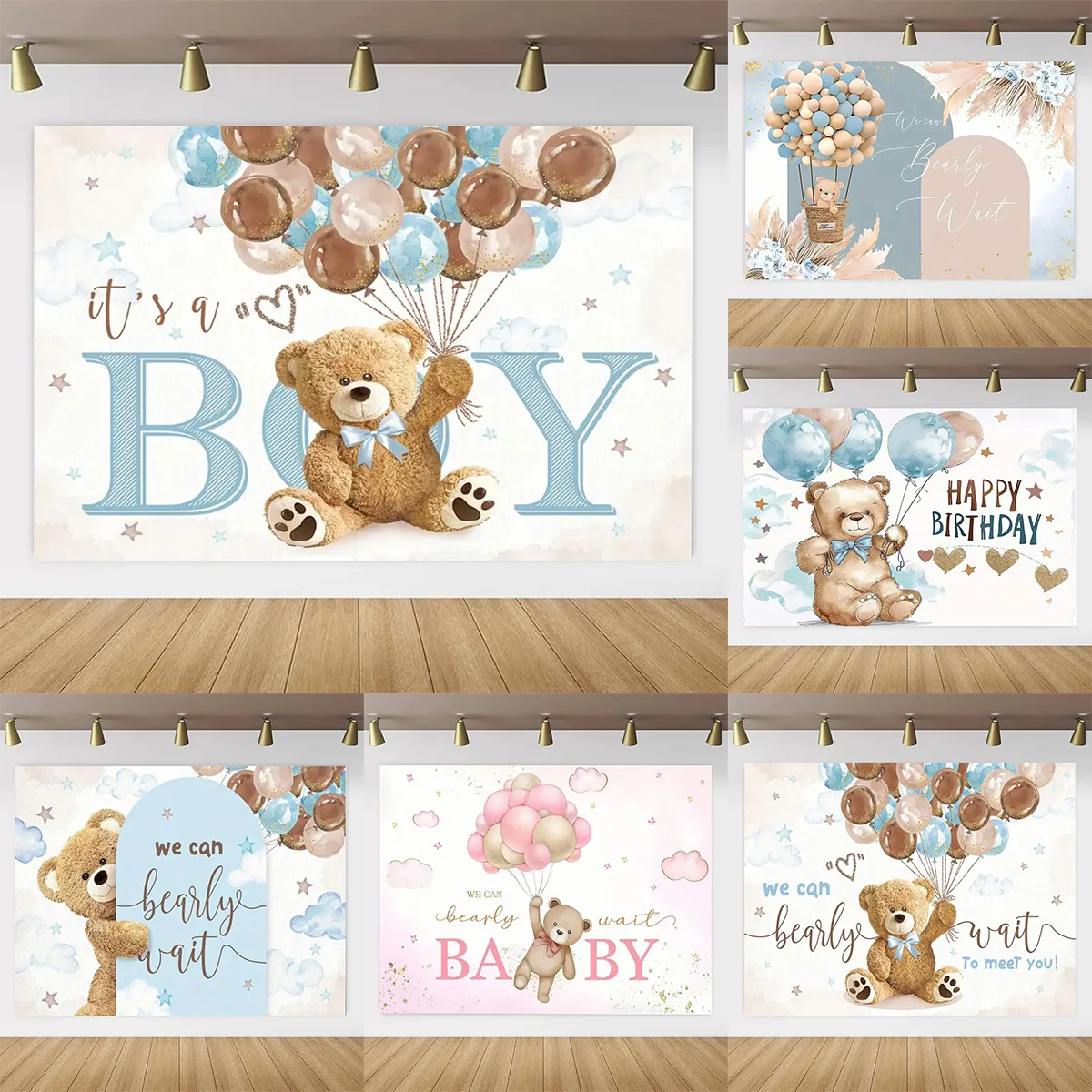 

Teddy Bear Balloon Theme Birthday Party Backdrop Poster Teddy Bear Newborn Baptism Cake Table Decor Photo Props Kids Gift
