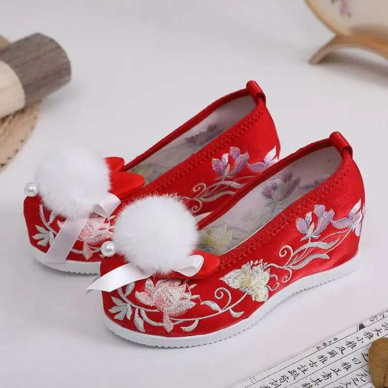 여성을위한 빨간 중국 신발 결혼식 전통 한복 고대 코스프레 요정 한 요소 자수 의상 무대 댄스 소녀 파티