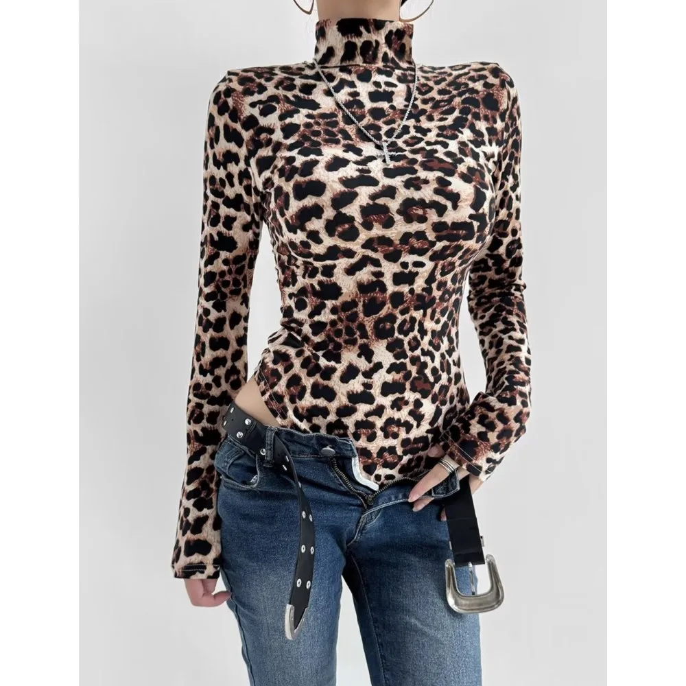 Americano retro aberto zíper gola animal leopardo impressão manga longa bodysuit sexy mulher macacão fino ajuste playsuits