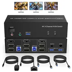 2 HDMI + 1 Displayport KVM Switch 3 Monitor 2 Computers, 4K@60Hz Triple Monitor KVM Switch with Audio and 3 USB 3.0 Ports ﻿