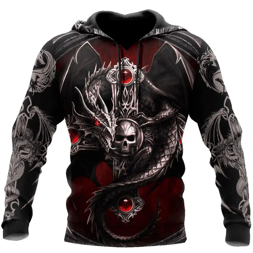 Oversized Tattoo Skeleton Cross Terror Red 3D Printed Men's Hoodie Sweatshirt Casual Tracksuits Raven Bad Wolf Animal Clothing