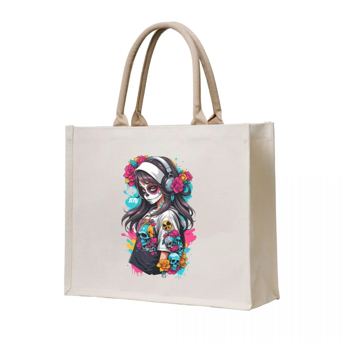 

Sugar Skull Girl with Black Hair & Headphones Tote Bag tote bags aesthetic reusable grocery bags eco pack Women's tote bag