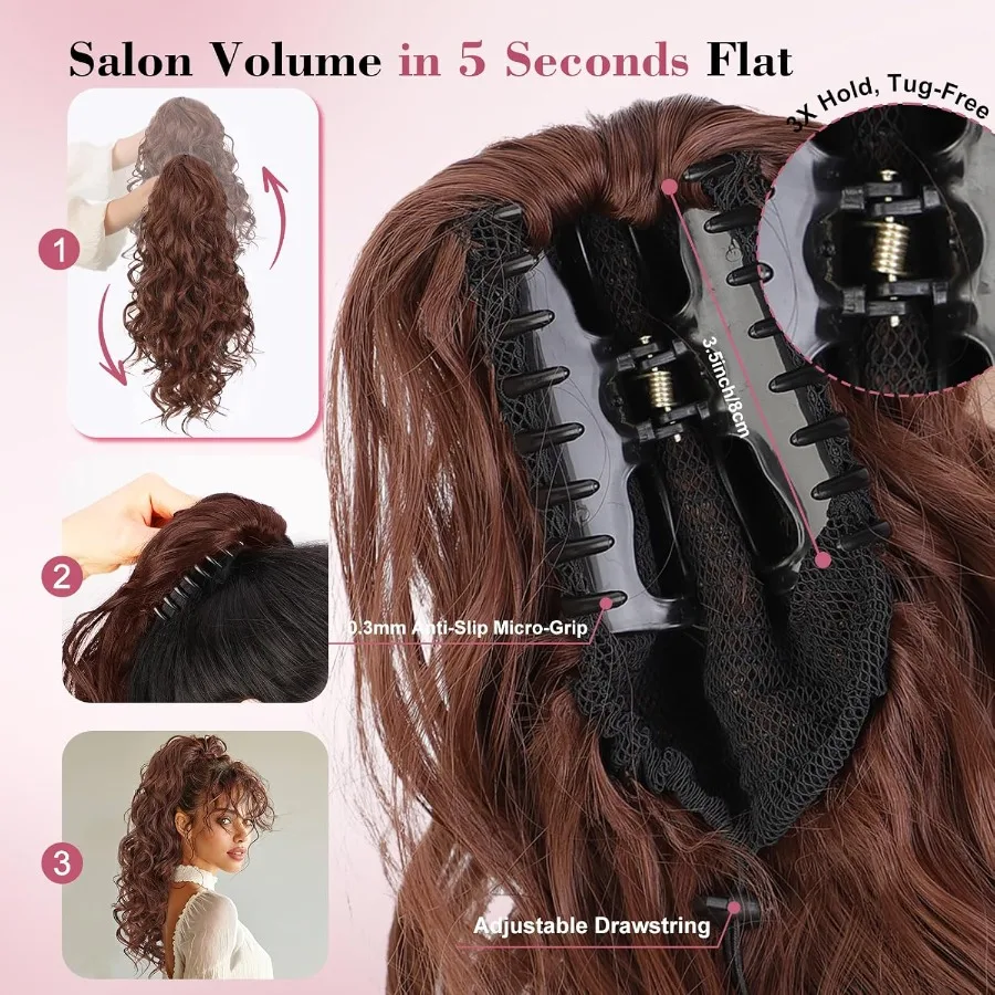 20 مشبك مخلب تمديد ذيل حصان مموج مع قطعة شعر صناعية طبيعية للنساء مثالية للارتداء اليومي وتصفيف غير رسمي في أوبو #3