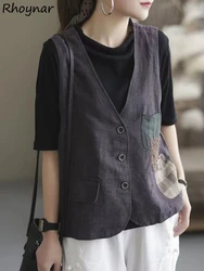 Patchwork Pockets Vests Women Vintage Literary Design Baggy Casual Chic Elegant Lady Fashion Korean Style Street Wear Sleeveless