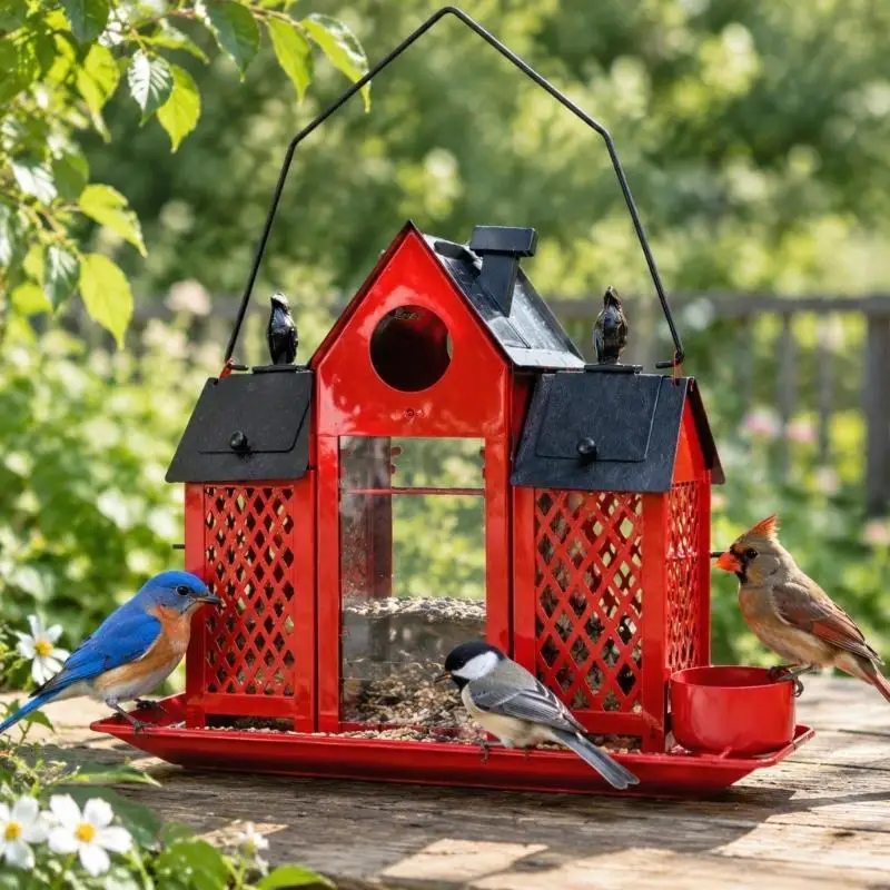 House-Style Wild Bird Feeders with Solar Night Lighting, Metal Construction, Two Compartments, and Base Tray KXRE