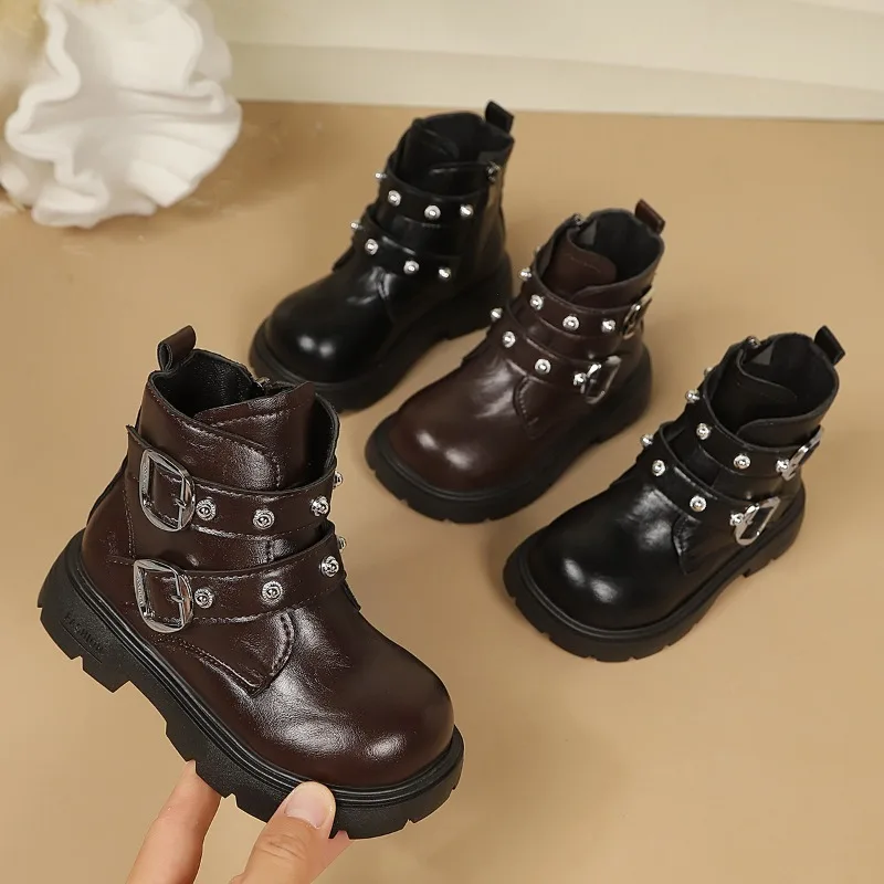Kids Leather Boots Round Toes Side Zipper Girls Casual Boots Soft Bottom 2026 Brand New Children Fashion Boots Non-slip