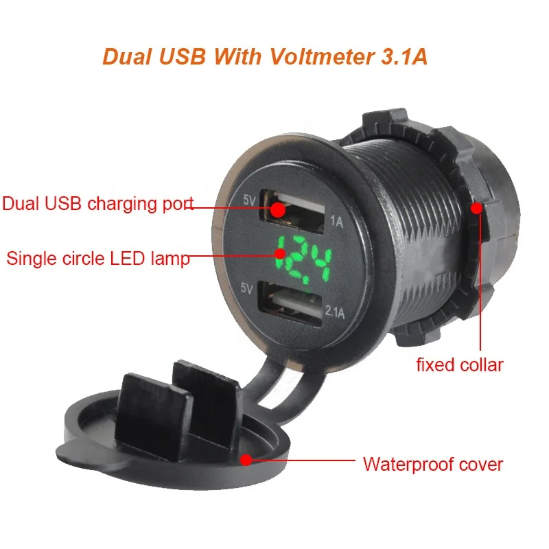 Pengisi daya Voltmeter 12V 24V DC 3,1 A 2,1 A, pengisi daya mobil soket USB ganda dengan tampilan voltase