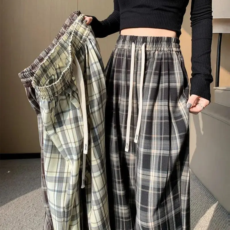 Spring Summer New Elastic Waist Fashion Wide Leg Trousers Women High Street Plaid Printing Pockets Patchwork Drawstring Pants