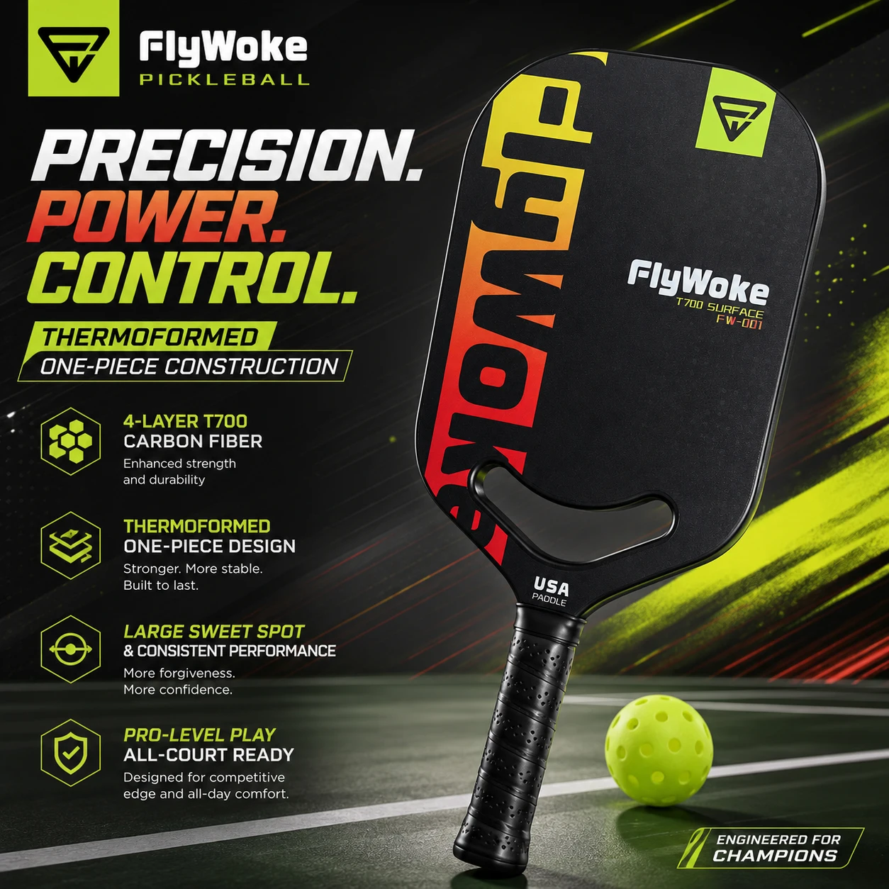 Pala de Pickleball FlyWoke T700 sin Marco de Fibra de Carbono con Diseño Hueco Smiley, Cara Pulida de Alta Fricción y Punto Dulce Amplio