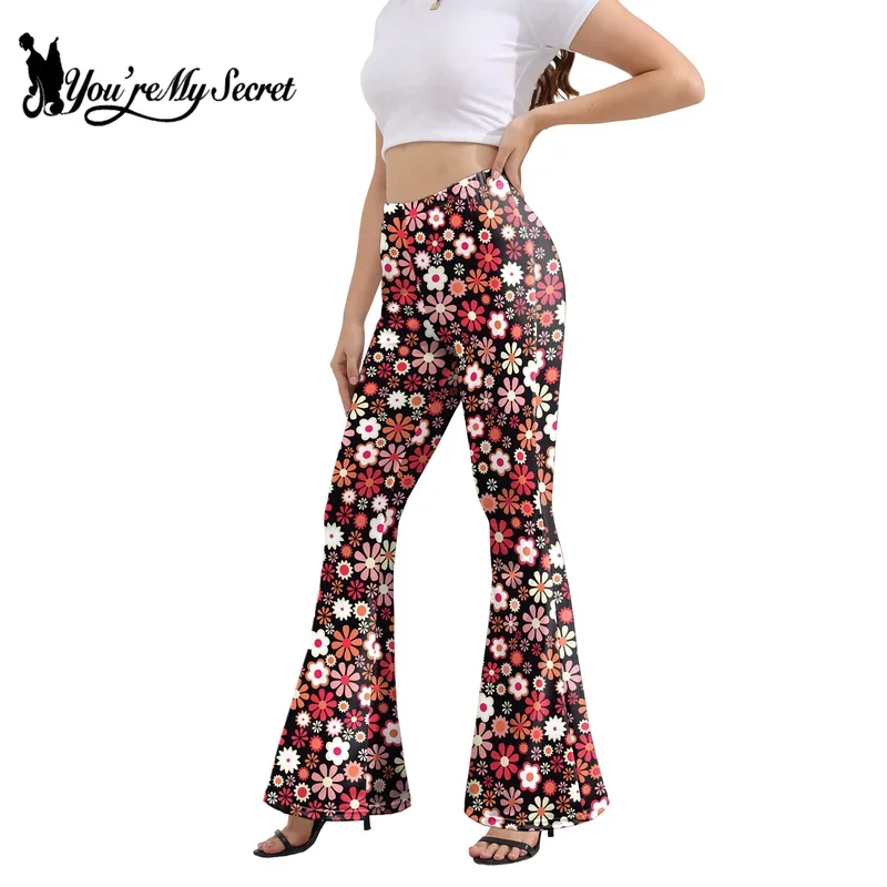 [You're My Secret] 60s 70s Women High Waist Trousers Hippie Club Style Stripe Printed Pants Trousers Skinny Bell Bottom