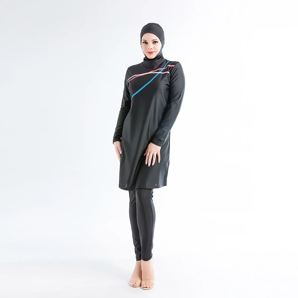 3PCS Muslim Swimwear Women\'s Printed Solid Color Patchwork Hijab Long Sleeve Sports Islamic Burkini Wearing Swimwear