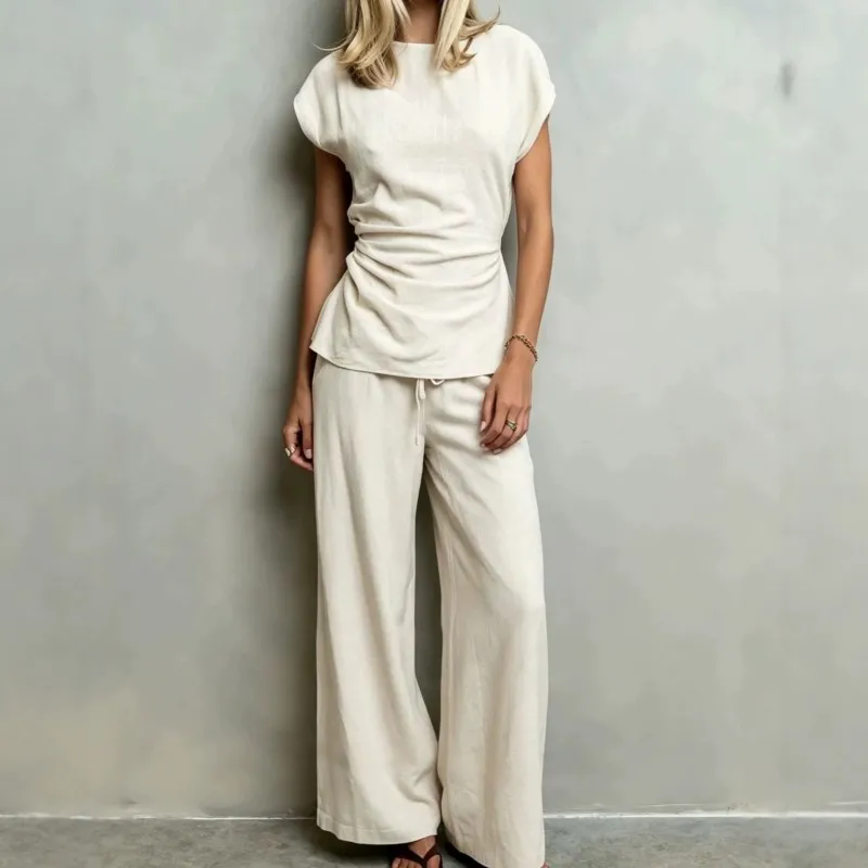 2026 New Summer Women's Pants Set Solid Color With Wrinkles Casual Loose Fashion Comfortable Simple Daily And Commuter Pants Set