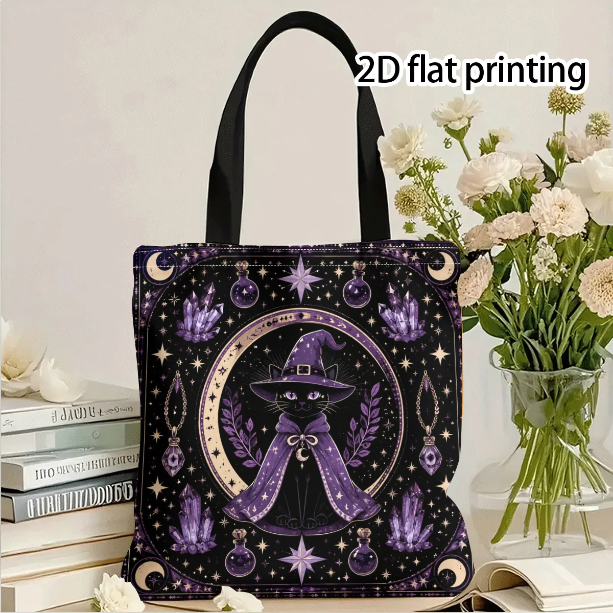 Black Cat Witch Moon Magic Design Tote Bag Novel Print Colorful Shoulder Bag Outdoor Shopping Fun Design for Halloween Pouch