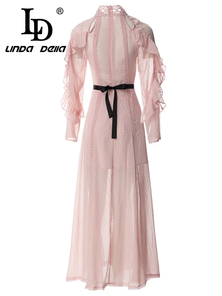 LD LINDA DELLA Summer Fashion Designer Vintage Chiffon Dress Women Stand Collar Sexy Hollow Out Bow Wrap Belted Lace Long Dress