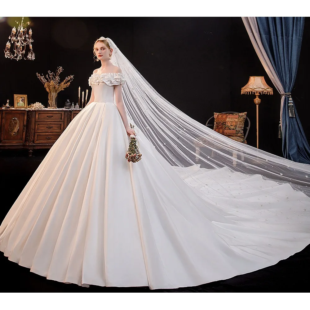 Vestido De novia De satén con hombros descubiertos, prenda elegante con flores, longitud hasta el suelo, sencillo, novedad De 2024