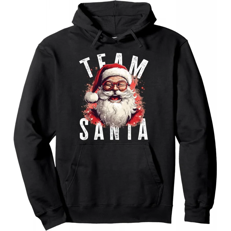 Christmas pullover hoodie with quirky Santa Claus pattern print men's black long sleeved top