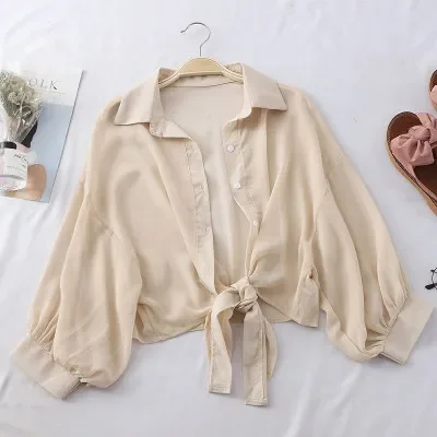 

Fashion Summer Thin Chiffon Shirt Women's Top Sunscreen Chic Blouse Half Sleeve Tied Waist Cardigan Tops Female Blusas Z162