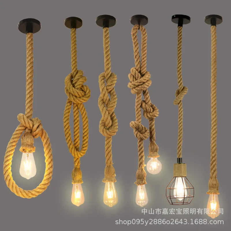 Retro Industrial Style Single Double Heads Hemp Rope Chandelier American Industrial Chandelier Ceiling Lamps E27 Edison LED