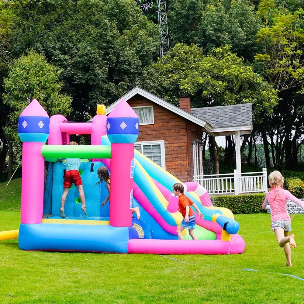 Indoor Outdoor Pink Inflatable Bouncy Castle with Slide Blower Water Pool Ball Pit Bounce House for Girls Kids 3-8 Years