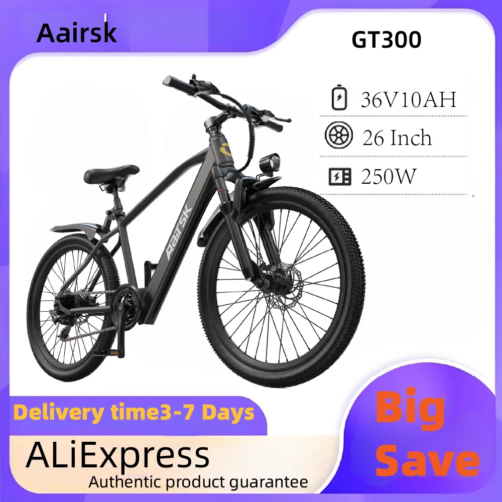 Aairsk GT300 Adult Electric Bike 250W Motor 36V 10Ah Battery 26 Inch Fat Tire E-Mountain Off-Road Bicycle