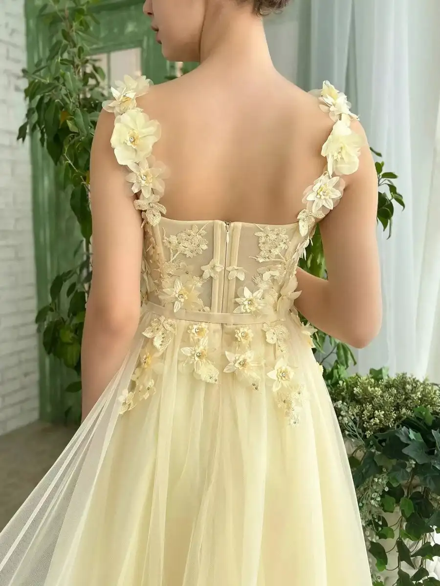 Yellow Floral Prom Dresses Lace Applique Tulle with Belt Spaghetti Strap Long Sweep Train Graduation Homecoming Evening Gowns