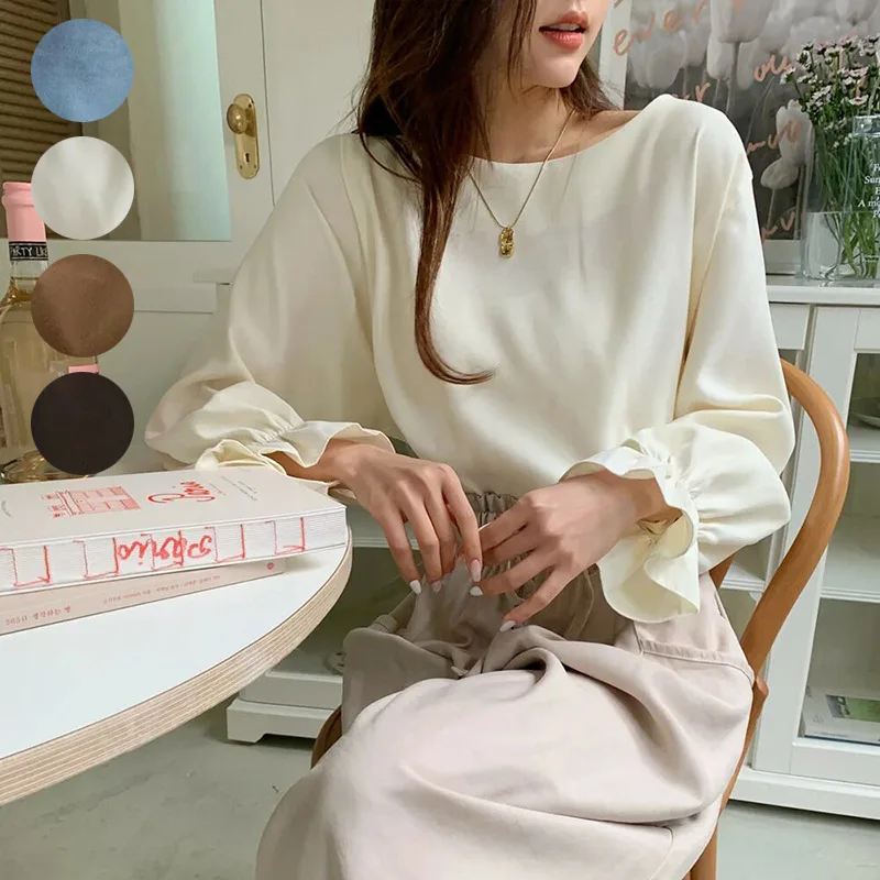 

Новая осенняя женская футболка в японском и корейском стиле, дизайнерская миниатюрная однотонная повседневная универсальная футболка с круглым вырезом и длинным рукавом