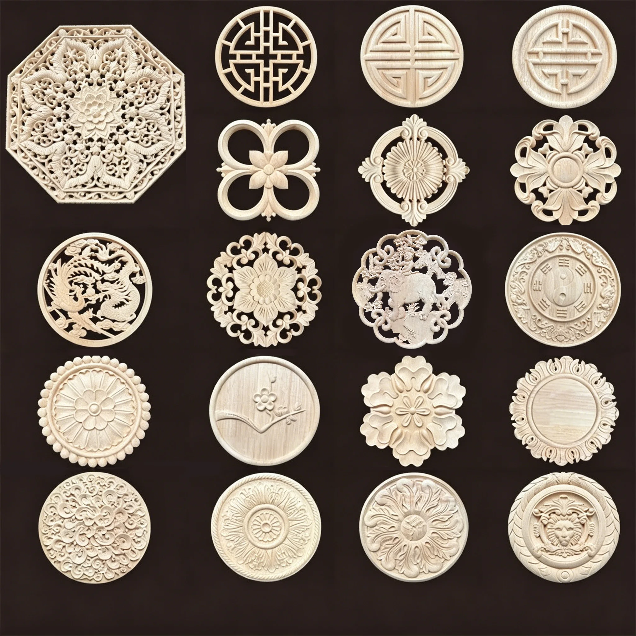 Wood Carved Applique Decorative Wooden Onlay Furniture Decal Ceiling Medallion Cabinet Door Wall Ornament DIY Craft