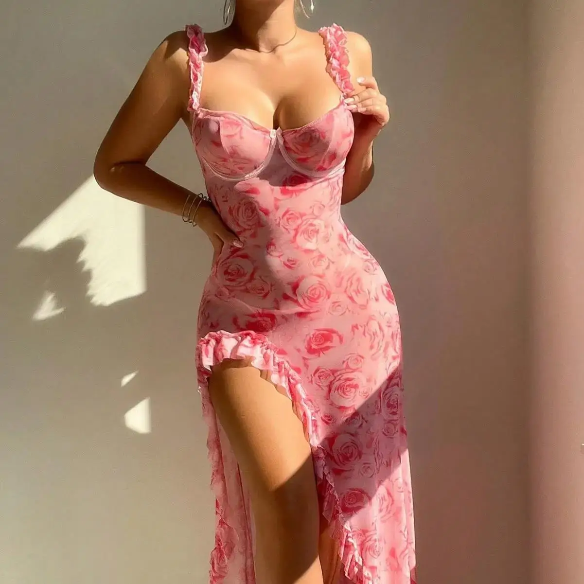

Sexy Floral Lingerie Dress Women Sheer Mesh Nightgown High Slit Backless Boudoir Outfit Erotic Sleepwear
