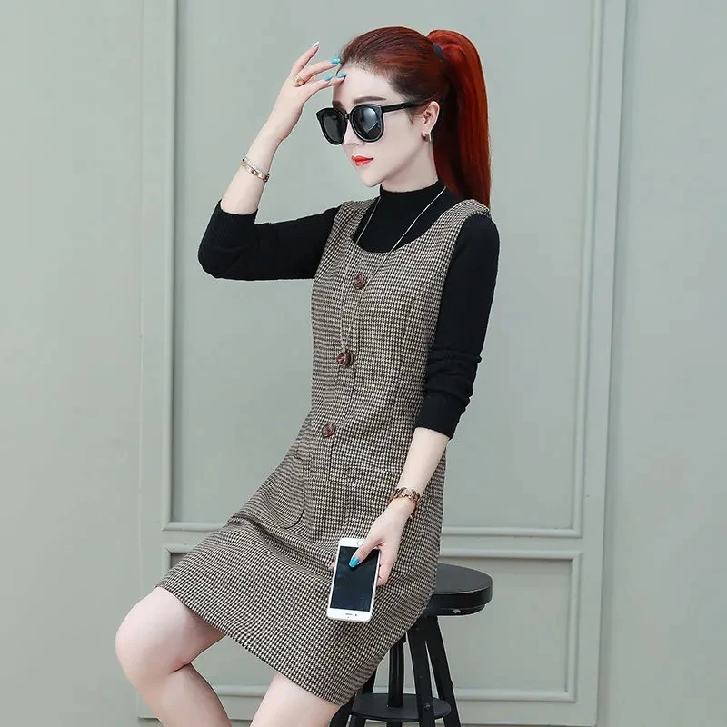 Woolen Dress Women\'s New Sleeveless Strap Dress Spring Autumn Mid Length Slim All-match Elegant Spaghetti Bottom Wool Vestidos