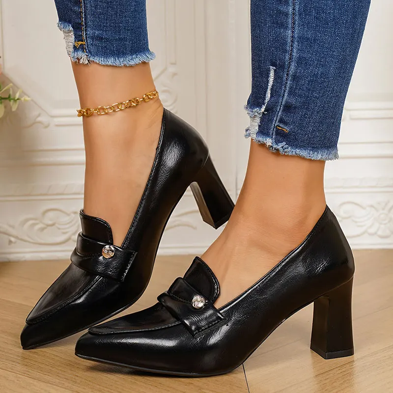 

Vintage Pointed Toe Thick High Heel Leather Loafers Shoes 2026 Spring Luxury Rivet French Retro Dress Pumps Woman's Office Shoes