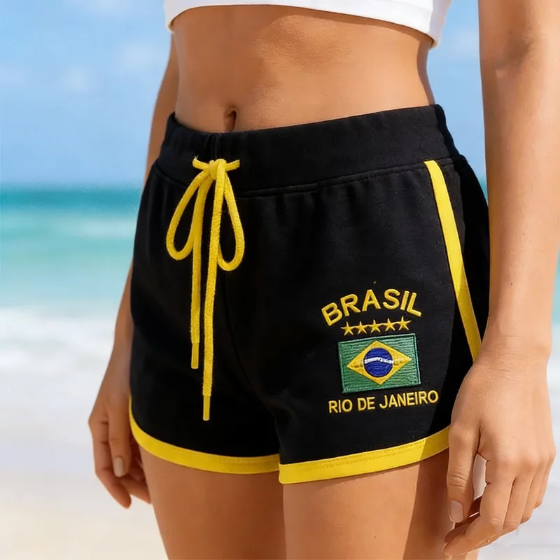 European American Streetwear Women Hot Pants Summer Brazil Letter Print Drawstring Casual 3 Length Shorts