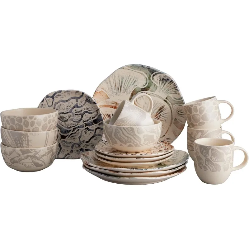 

Dinnerware Set 16–piece, Plates Bowls and Mugs Set, Ceramic Sets for 4, Microwave and Dishwasher Safe, Mushrooms Inspired Design