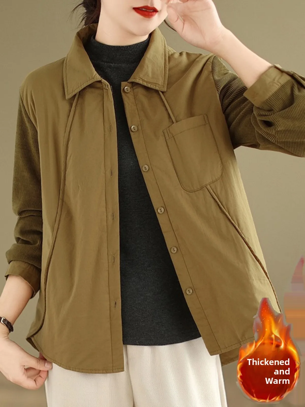 

Women's Long Sve Cotton irt Warm Stand Collar Loose Fit Autumn Winter Vintage Patchwork Collar Button up Coat