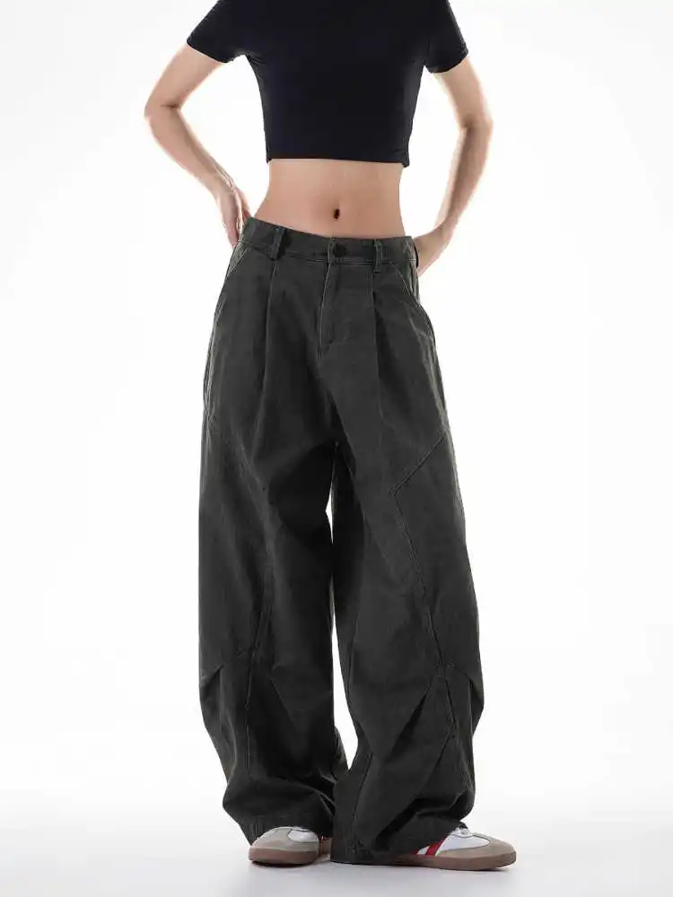 

Normcore Y2K Baggy Black Denim Trouser Washed Vintage Casual Minimalist Pants Grunge High Waist Solid Color Street Retro Jeans