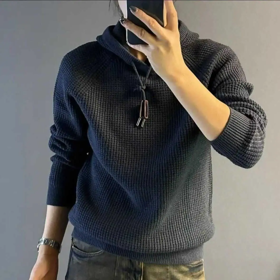 

Вязаная шапка, свитер, датчик частиц, вышивка, свободная зимняя толстовка с капюшоном, повседневная простая длинная све, молодежный трикотаж