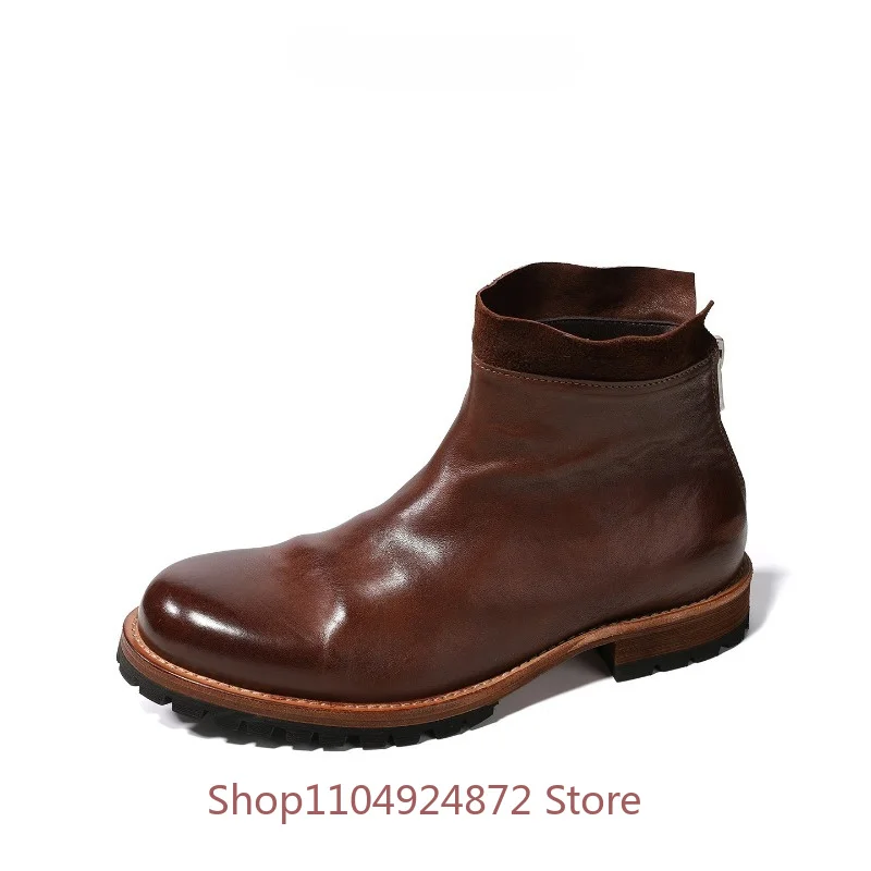 Handmade Chelsea Boots Men's Thick Sole Horse Leather Genuine Leather Lace Up  Casual Work Walking Shoes Male Boots