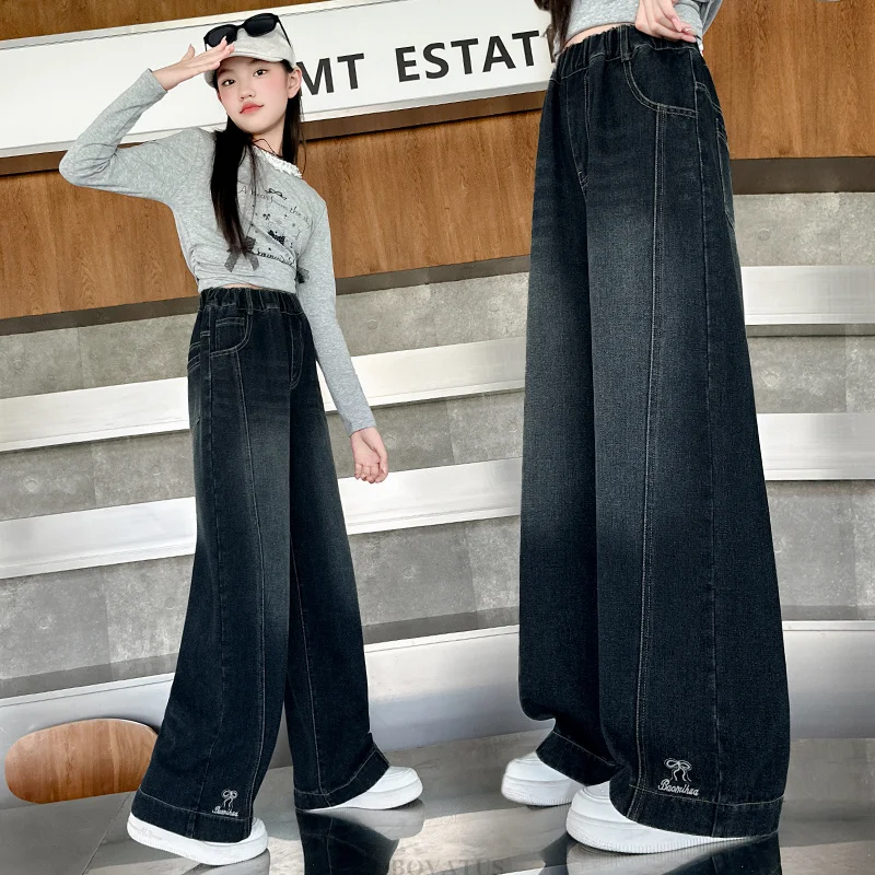 Elegant Kids Children Spring Autumn Style Straight Leg Jeans Vintage Dark Blue Denim Pants for Teenage Girls Cool Jeans Trousers