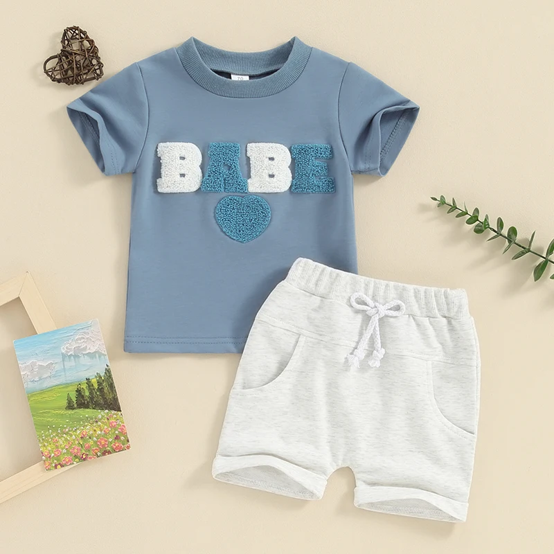 

Baby Boy girl Summer Outfits Short Sleeve Crewneck Letters Heart Embroidery Print Tees Shorts Set Infant Suit