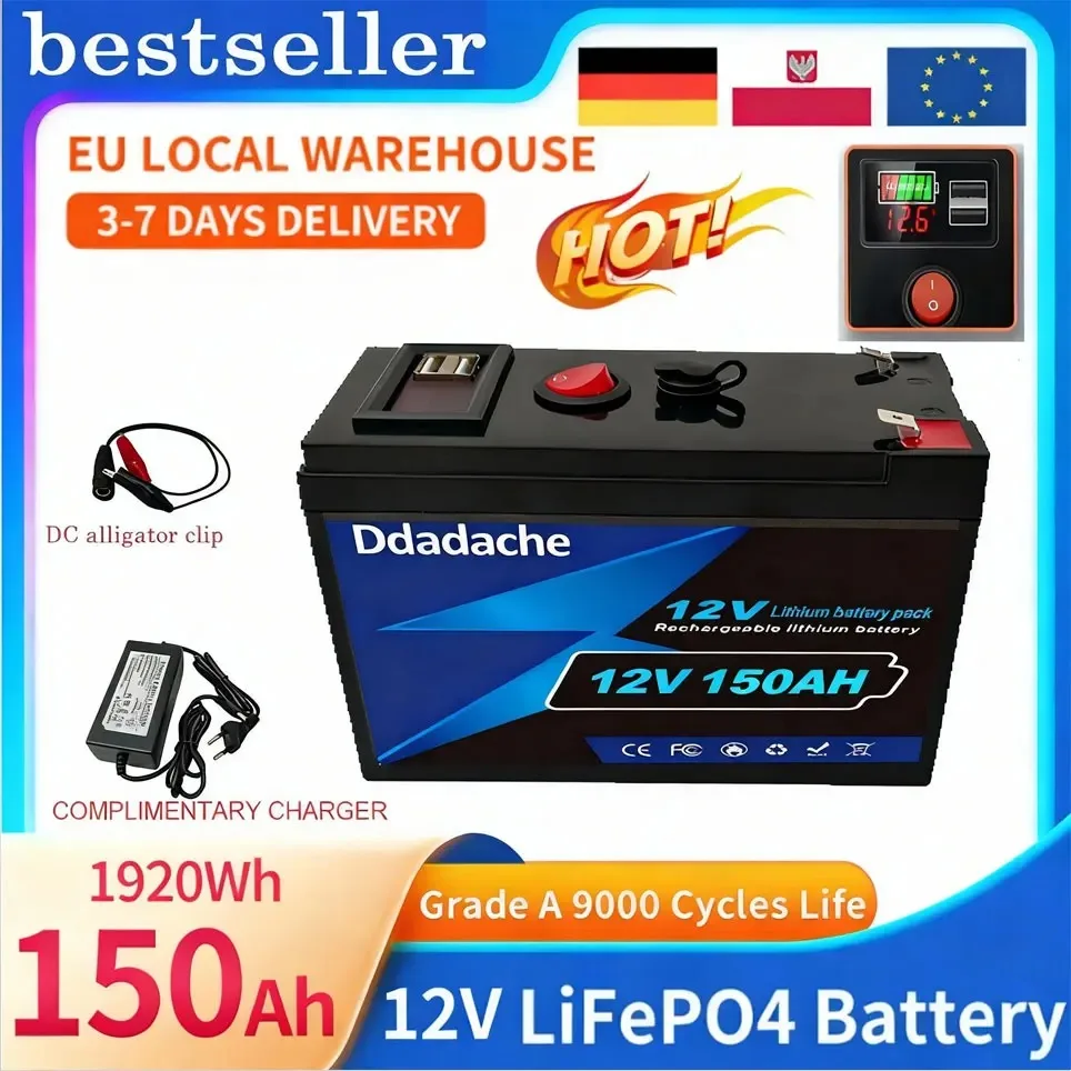 Batterie au lithium LiFeP04 12V 150Ah pour la charge solaire, la pêche, les applications marines, le camping en plein air, les applications hors réseau avec port USB 🧰