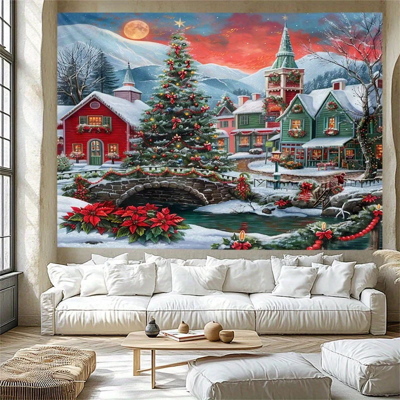VIKAMA Weihnachten Schnee Szene Wandteppich Leuchtende Schnee Stadt Brücke und Bach Wohnzimmer Funktion Wand Dekor Raum Akzent