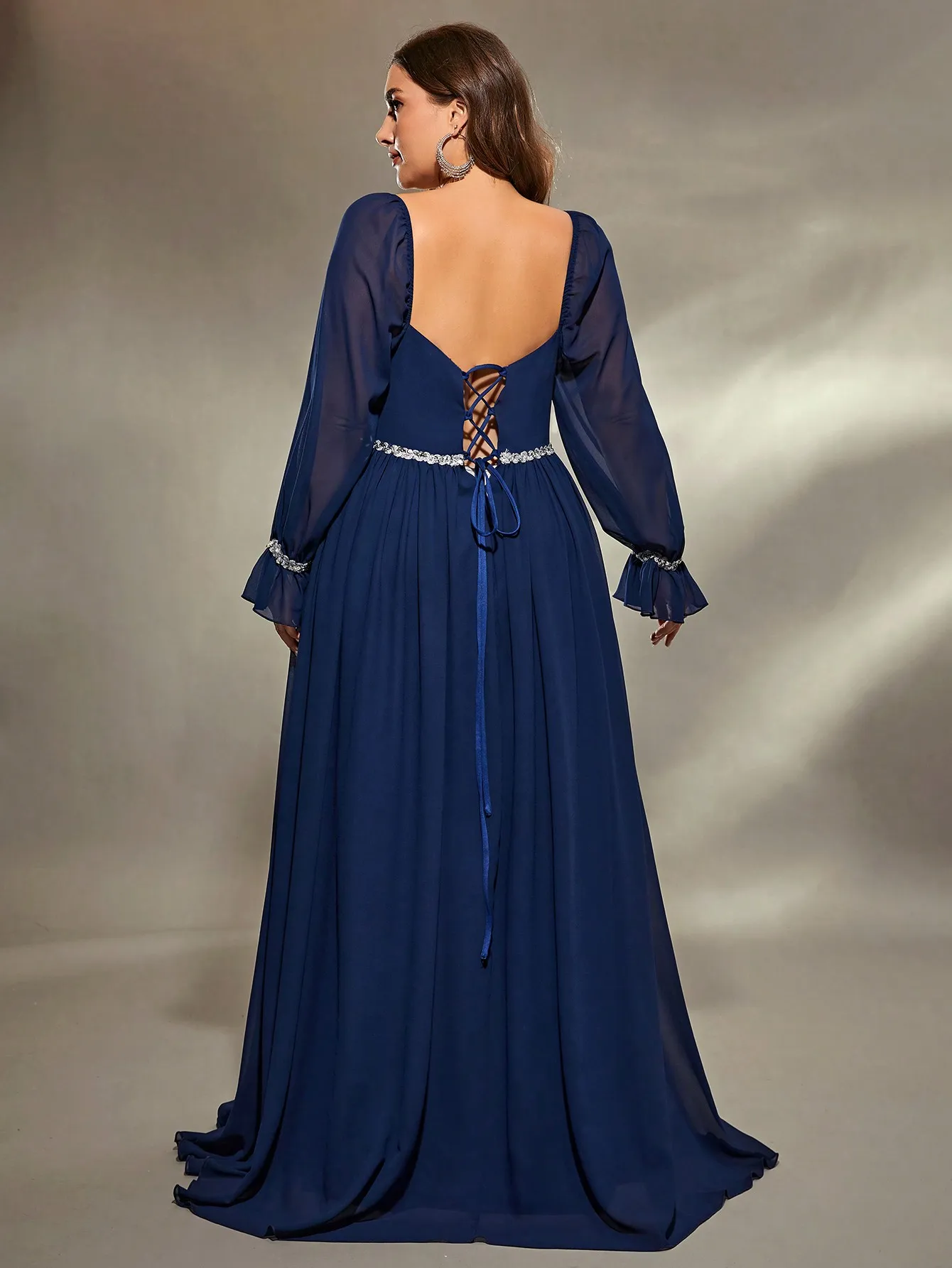 Mgiacy   plus size  Round neck sequin ribbon Trim Shoulders Bubble Long Sleeve waist pleat Chiffon A full Skirt Evening gown