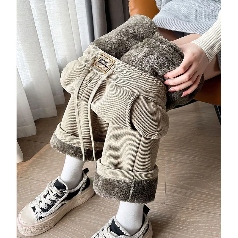 2026 Winter Girls Retro Snow Warm Velvet Pants Female High Waist Plush Trousers Women Korean Thicken Fleece Thermal Casual Pants