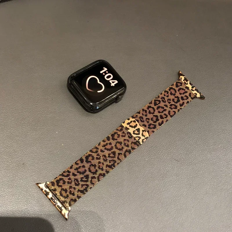 Trend Leopard print Band For iwatch 38 42 41mm For Apple Watch Strap Series 8 Ultra SE 7 6 5 40 44 45mm Stainless Steel Bracelet