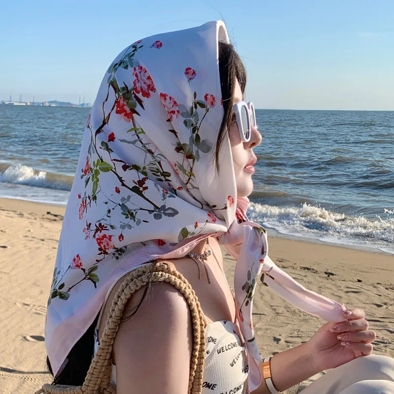 Luxury Brand Fashion Polka Floral Chain Square Silk Satin Shawls Scarf High Quality Wrap Beach Cover Stole Bufandas Muslim Hijab