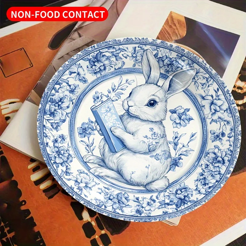 1pc Vintage Floral Rabbit Ceramic Plate - Elegant Bunny with Book Floral Pattern in Blue & White, Non-Food Contact Decorative