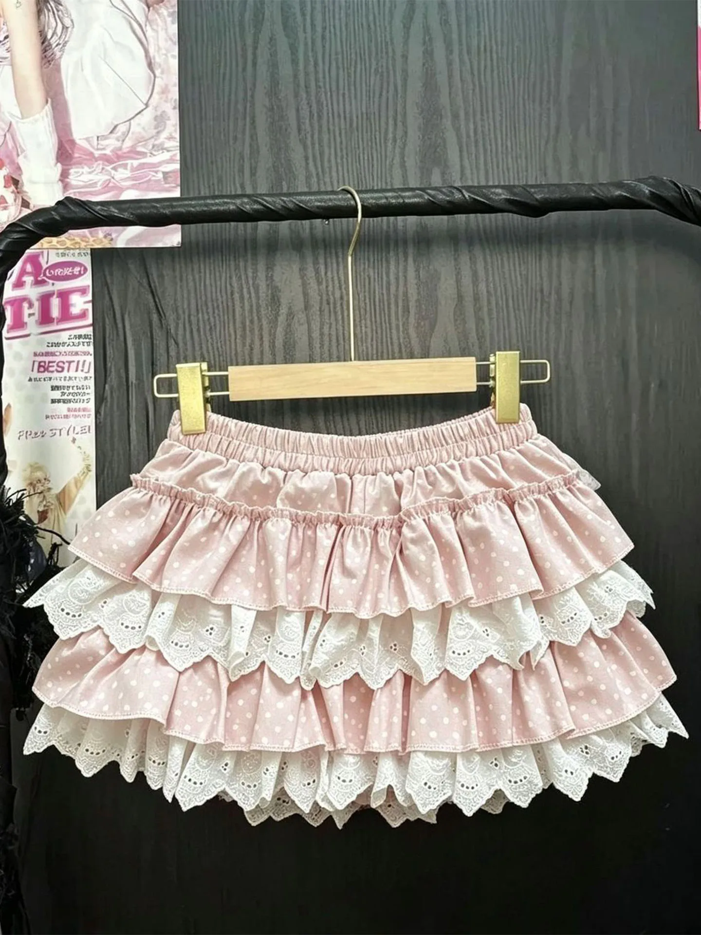 Pink Polka Dot Lace Short Skirt Women's A-Line Puffy Half-length Cake Skirt Commute Style High Waist Elastic Waist No 