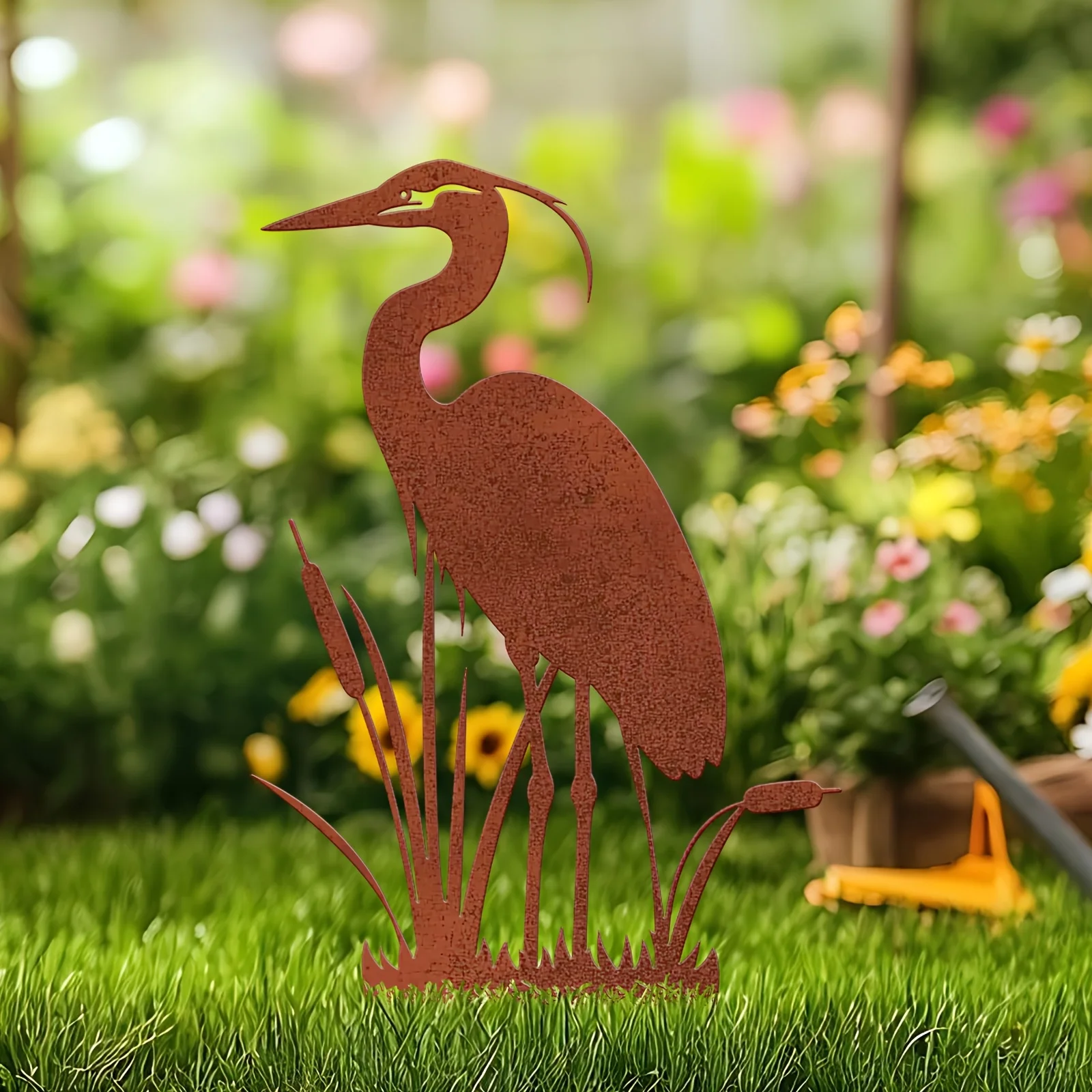 Vintage Rusty Metal Crane-Shaped Garden Ornament - Old Heron Sculpture for Garden Insertion, Outdoor Decoration for Ponds and Paths, Metal Garden Heron